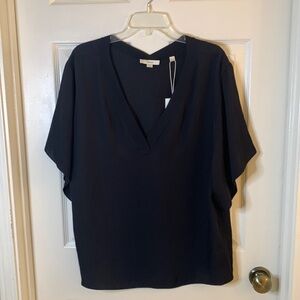 Vince NWT size XL Black Rib Trim Double V Neck Short Sleeve Popover Top